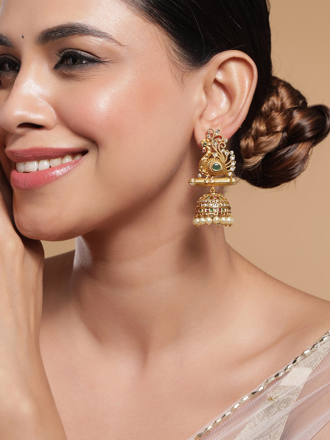 

Rubans 22K Gold-Plated Emerald & Cubic Zirconia Studded Temple Jhumkas with Pearl Drops
