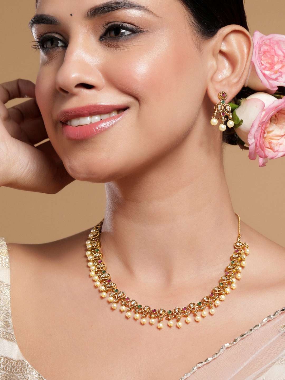 

Rubans 22K Gold-Plated Ruby, Emerald & Zirconia Studded Necklace Set with Pearl Drops