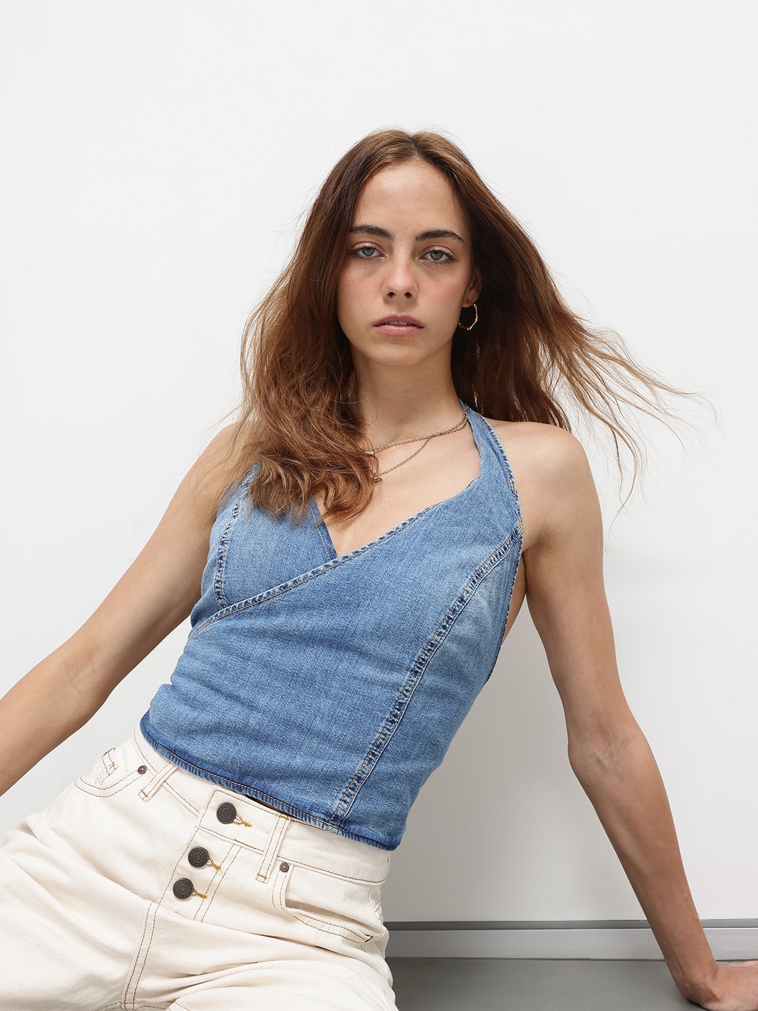 

ZARA Halter Neck Cotton Denim Top, Blue