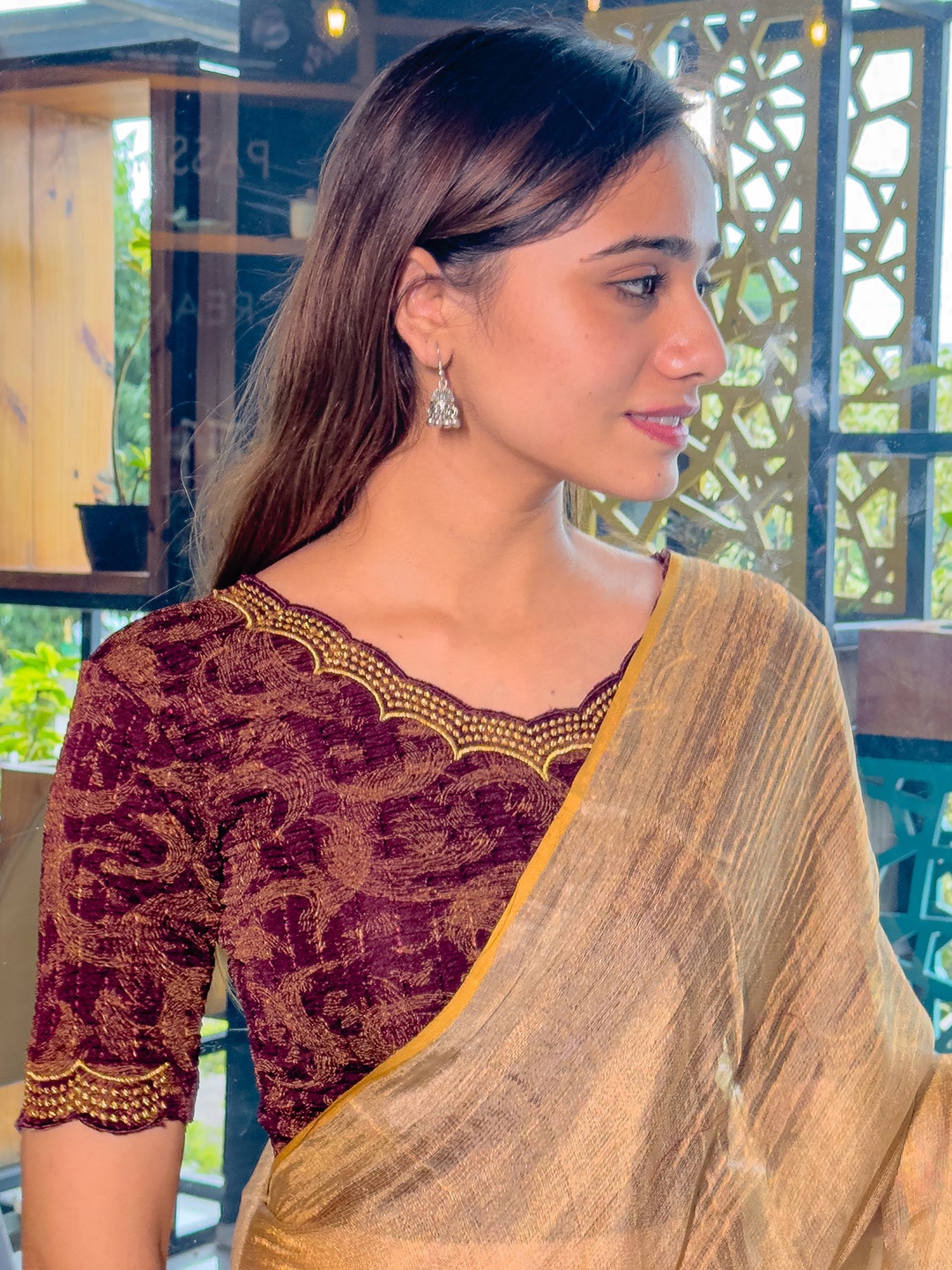 

Bindigasm's Advi Embroidered Stretchable Slip On Saree Blouse, Burgundy