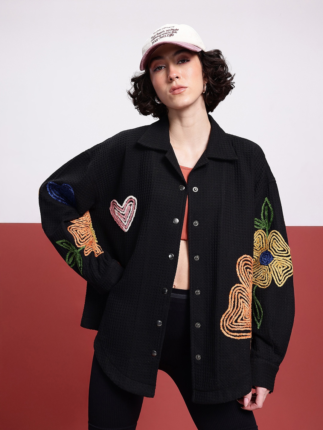 

glitchez Indie Flora Waffle Knit Oversized Pure Cotton Shacket, Black