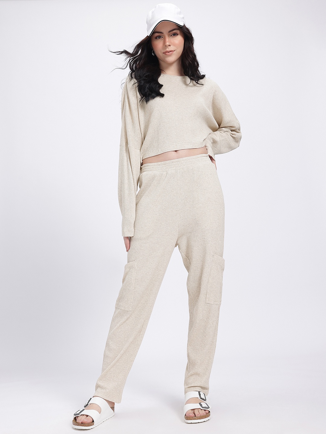 

glitchez Cozy & Comfy Textured Crop Co-Ords, Beige