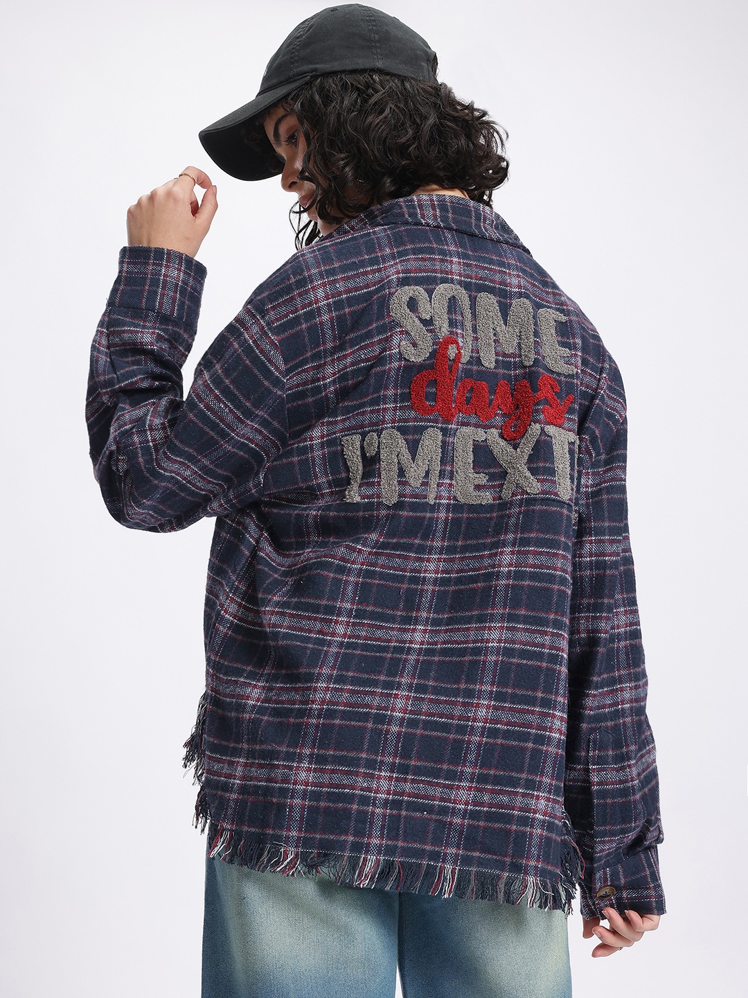 

glitchez Street Texture Tartan Checked Applique Back Frayed Hem Flannel Oversized Shirt, Navy blue