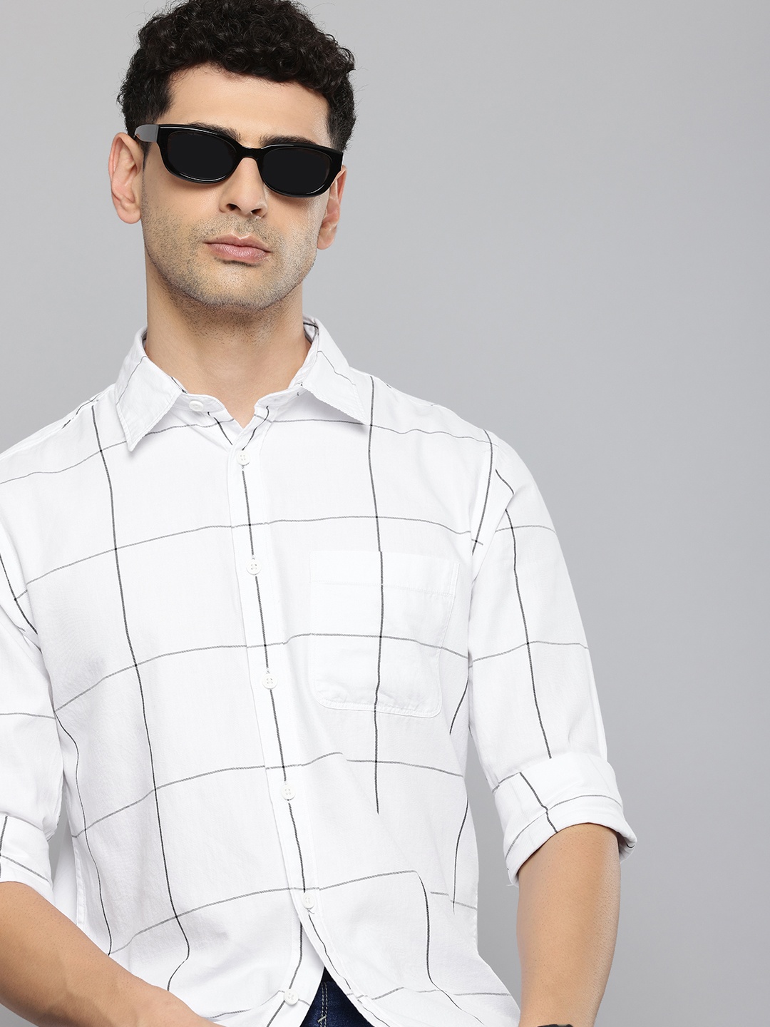 

Flying Machine Slim Fit Checked Pure Cotton Casual Shirt, White
