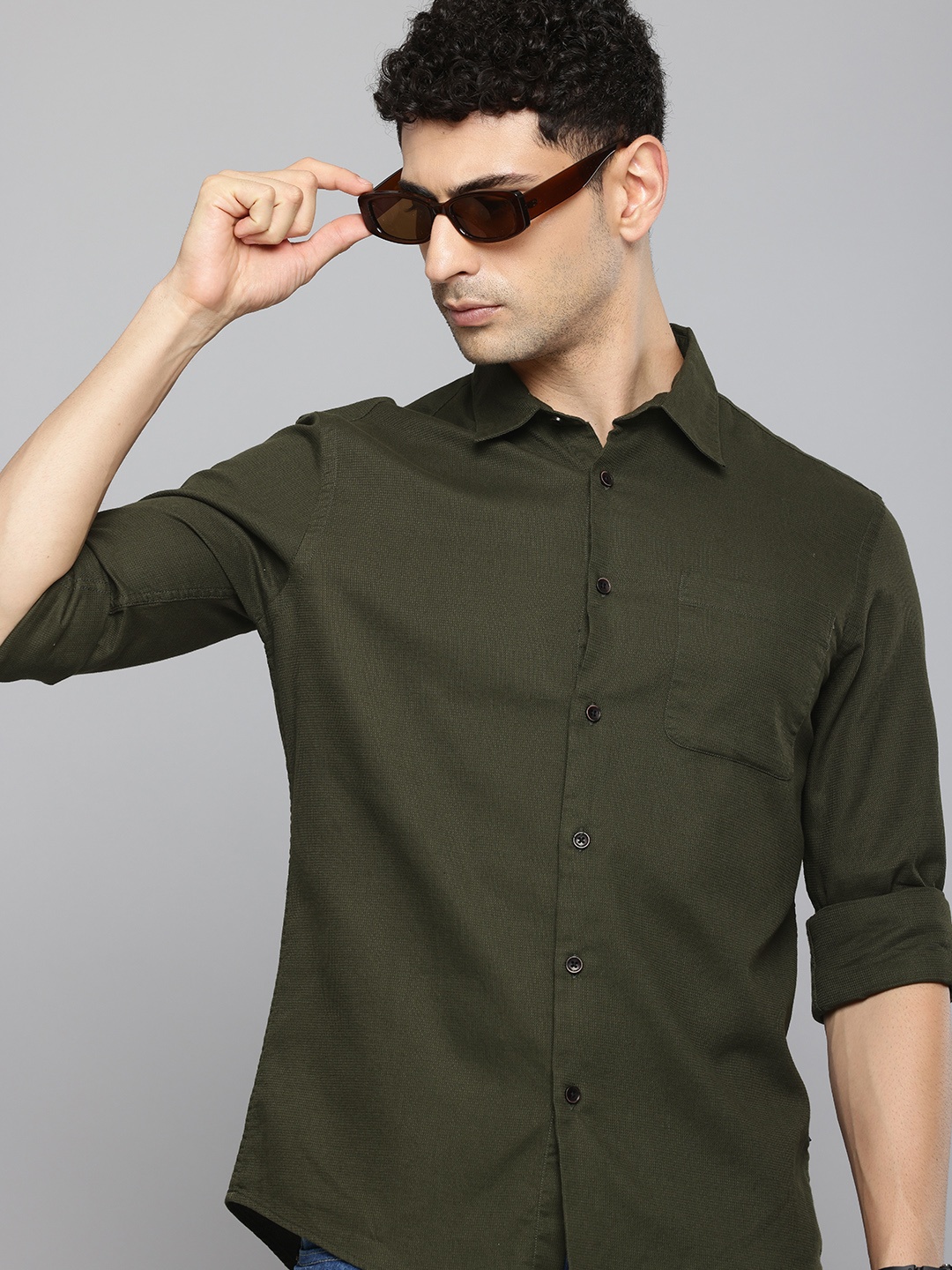 

Flying Machine Pure Cotton Textured Self Design Slim Fit Opaque Casual Shirt, Olive