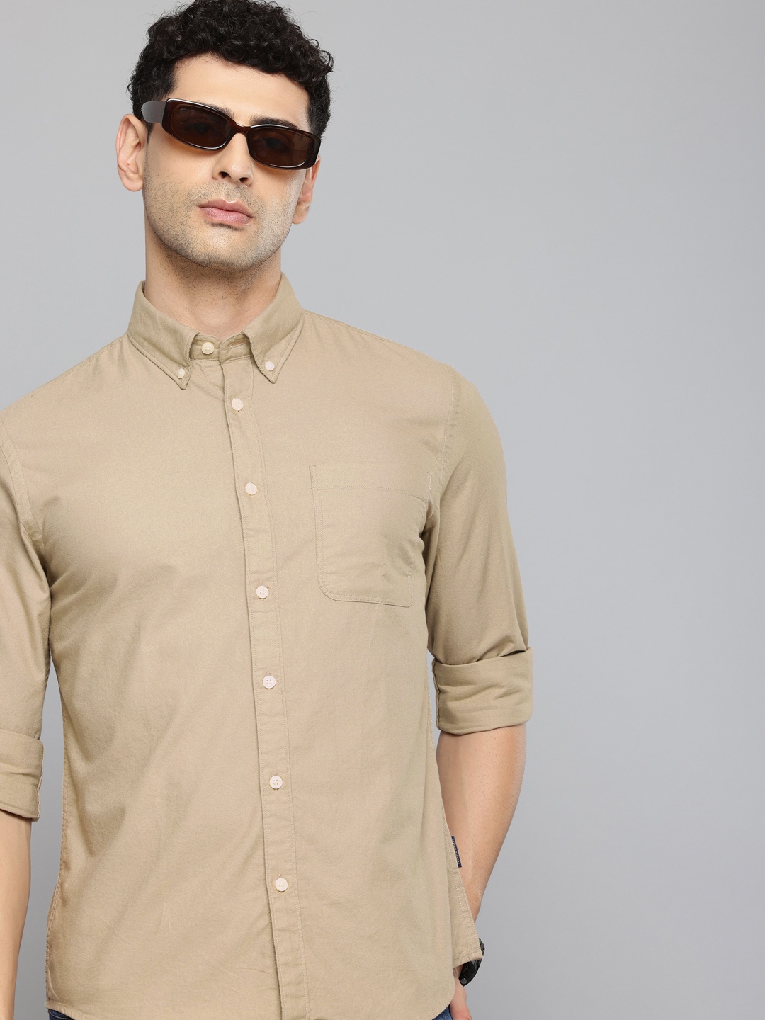 

Flying Machine Slim Fit Button-Down Collar Pure Cotton Casual Shirt, Beige