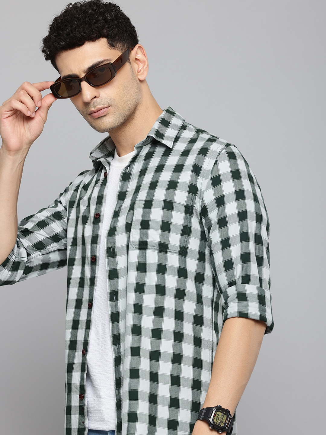 

Flying Machine Slim Fit Checked Pure Cotton Casual Shirt, Green