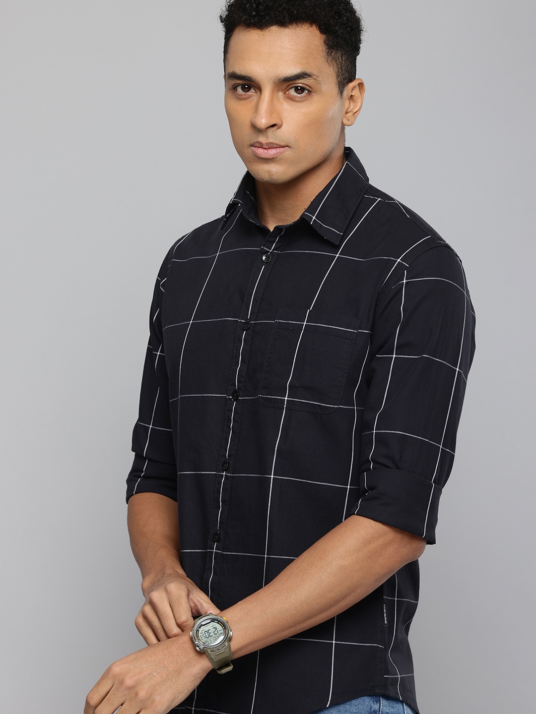 

Flying Machine Slim Fit Windowpane Checks Pure Cotton Casual Shirt, Black