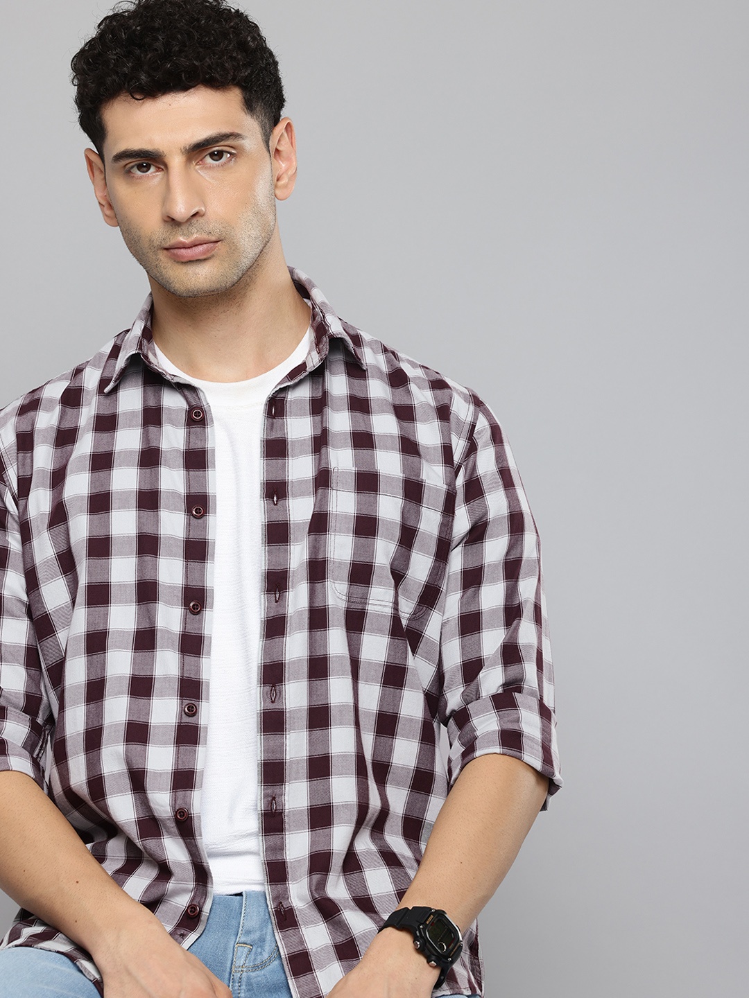 

Flying Machine Slim Fit Checked Pure Cotton Casual Shirt, Maroon