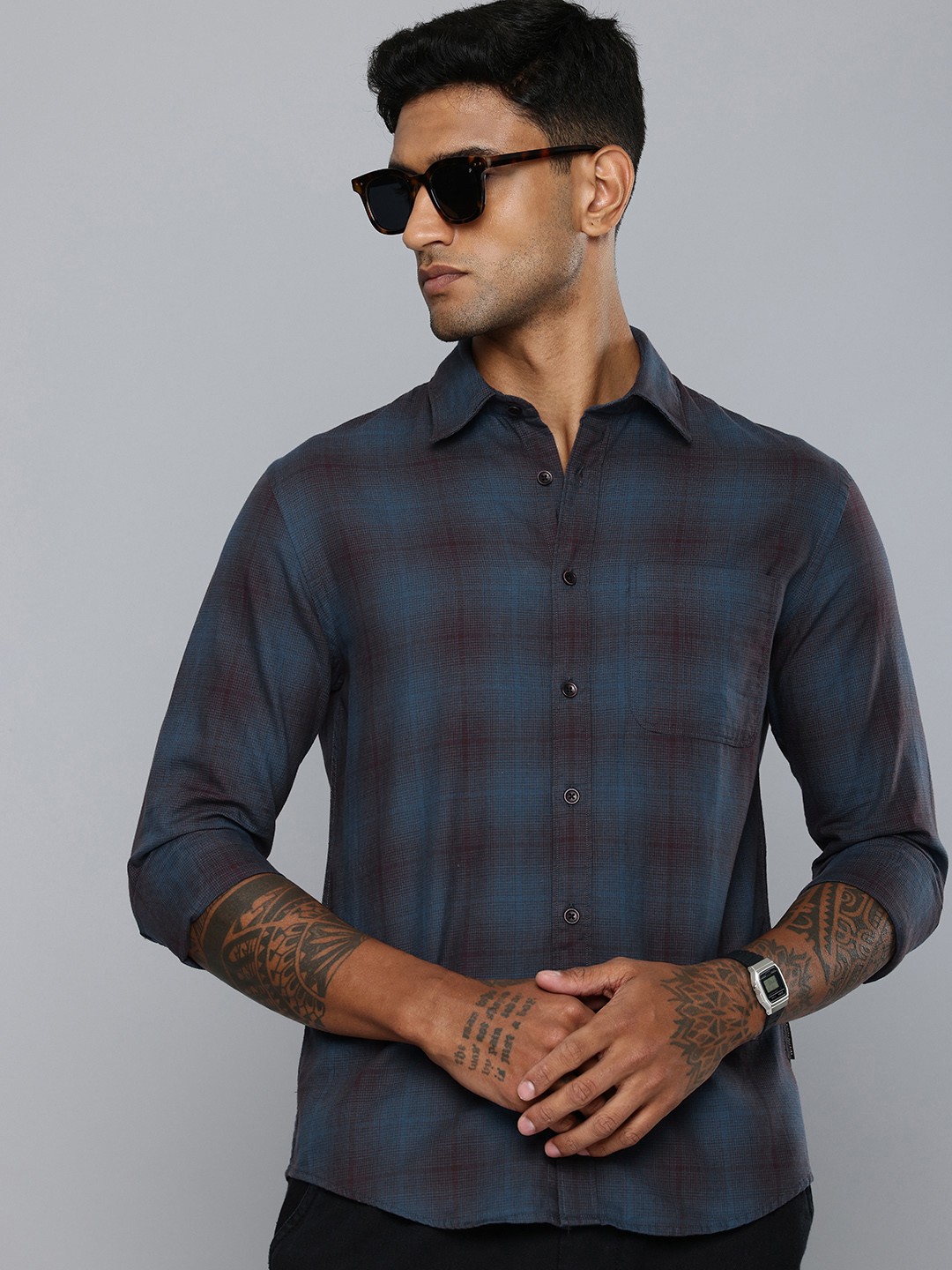 

Flying Machine Slim Fit Checked Pure Cotton Casual Shirt, Blue