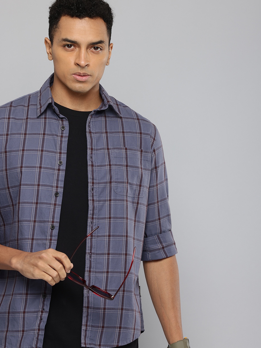 

Flying Machine Slim Fit Checked Pure Cotton Casual Shirt, Grey