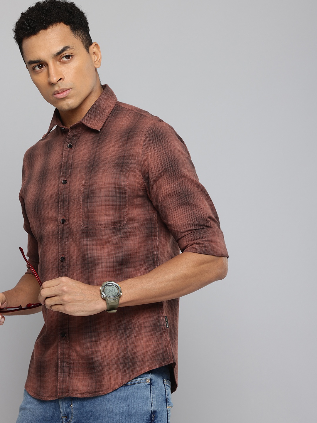 

Flying Machine Pure Cotton Slim Fit Checked Casual Shirt, Brown