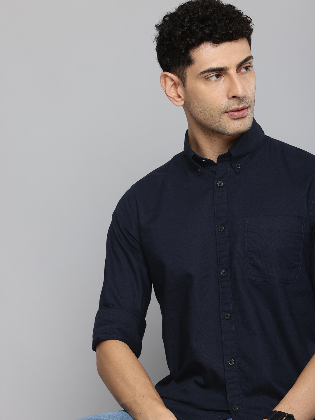 

Flying Machine Pure Cotton Slim Fit Opaque Casual Shirt, Navy blue