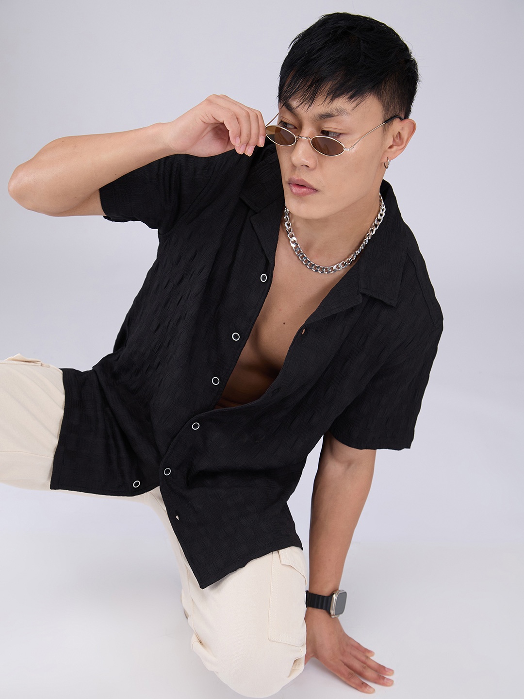

VASTRADO Men Classic Cuban Collar Textured Oversized Casual Shirt, Black