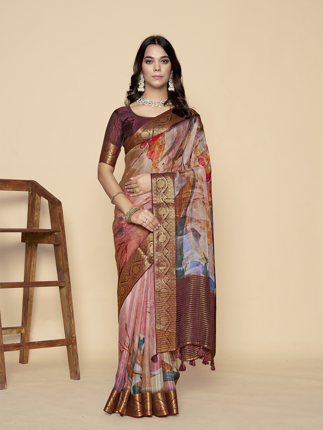 

ETHNIC TODAY Floral Printed Zari Saree, Brown