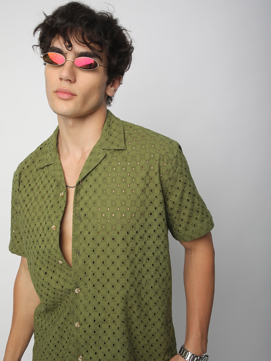 

VASTRADO Men Classic Cuban Collar Textured Cotton Oversized Casual Shirt, Olive