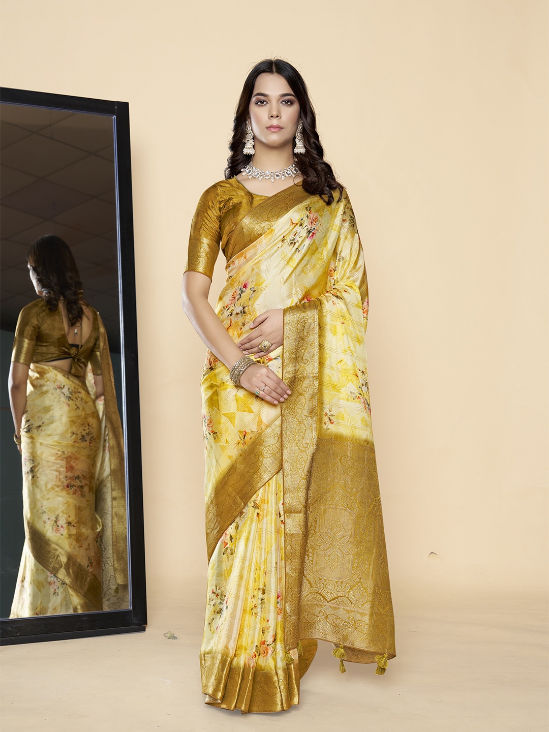 

ETHNIC TODAY Floral Woven Design Zari Saree, Yellow