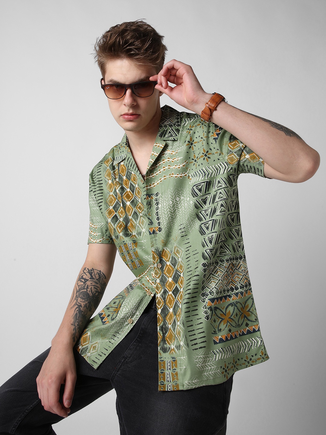 

VASTRADO Men Classic Cuban Collar Abstract Printed Cotton Oversized Casual Shirt, Green