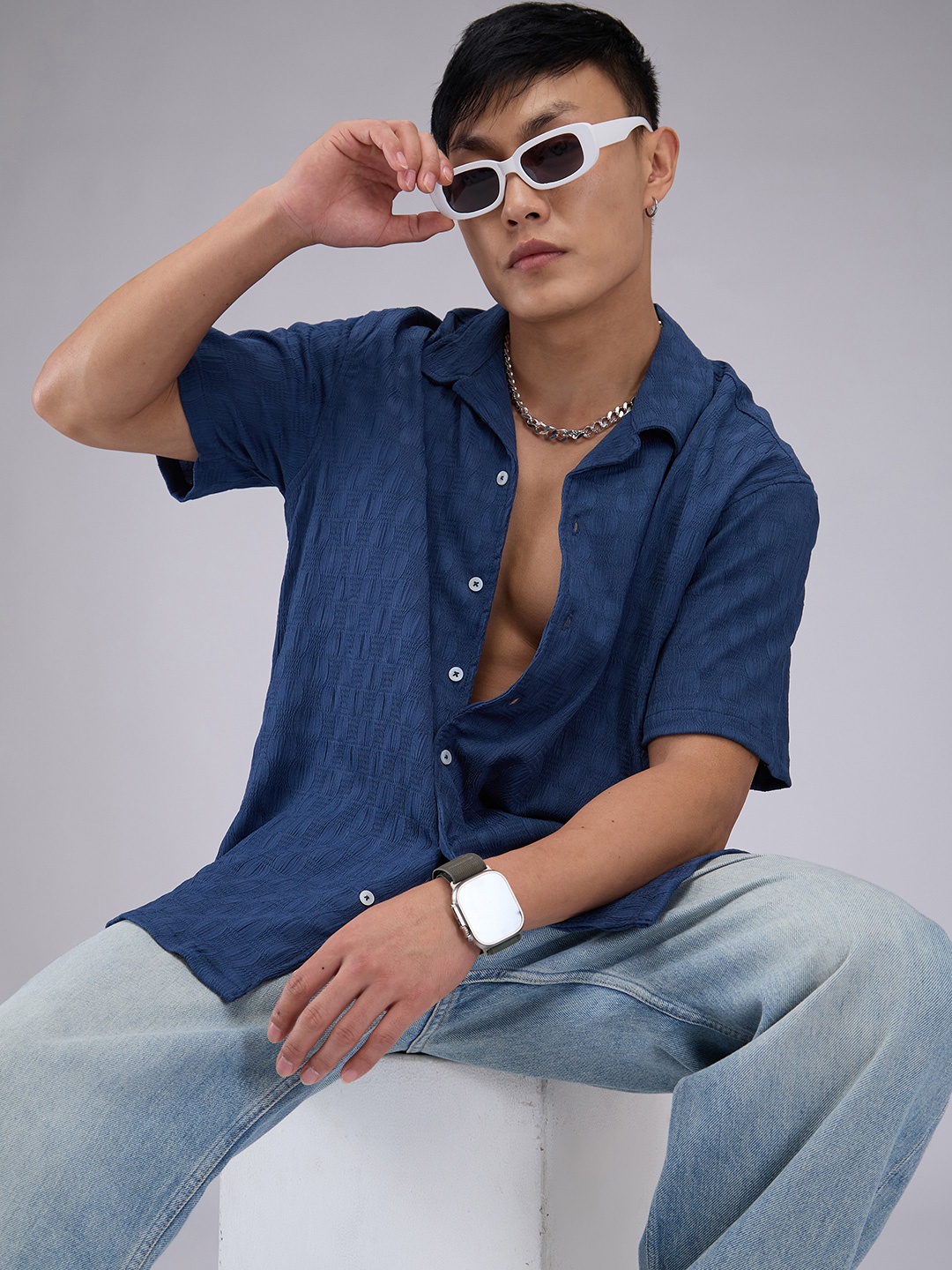

VASTRADO Men Classic Cuban Collar Textured Oversized Casual Shirt, Navy blue