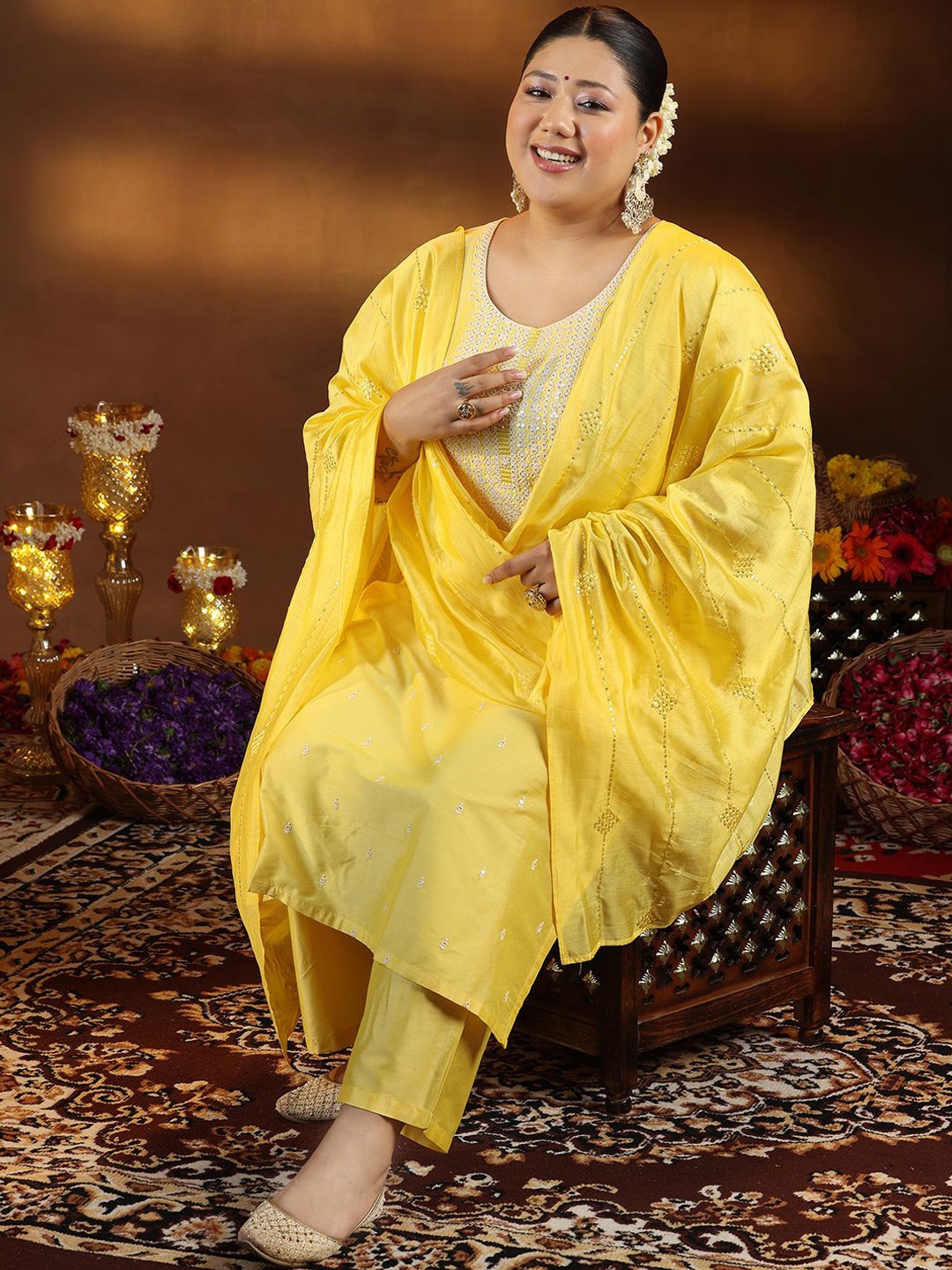 

EXTRA LOVE BY LIBAS Floral Embroidered Sequinned Straight Kurta With Trouser & Dupatta, Yellow