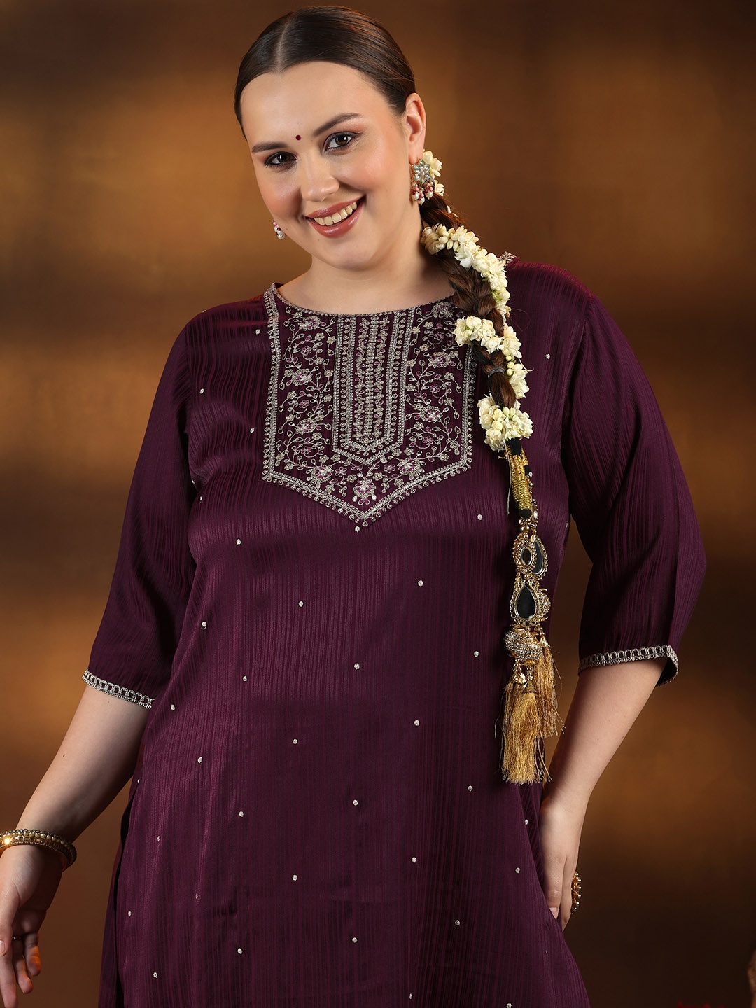 

EXTRA LOVE BY LIBAS Plus Size Floral Embroidered Sequinned Straight Kurta With Trouser, Maroon