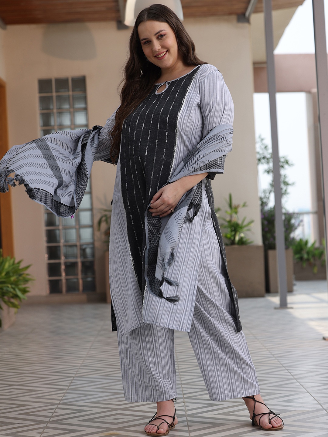 

EXTRA LOVE BY LIBAS Plus Size Striped Gotta Patti Straight Kurta With Trouser & Dupatta, Grey