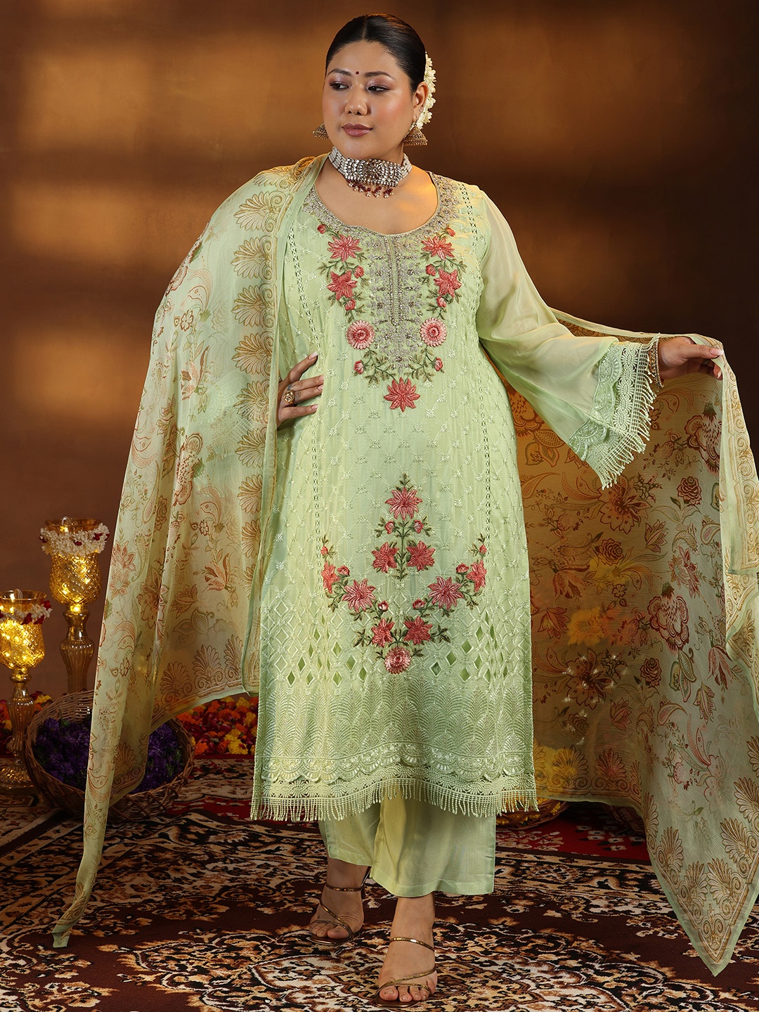 

EXTRA LOVE BY LIBAS Plus Size Floral Embroidered Organza Kurta & Trouser & Dupatta, Green