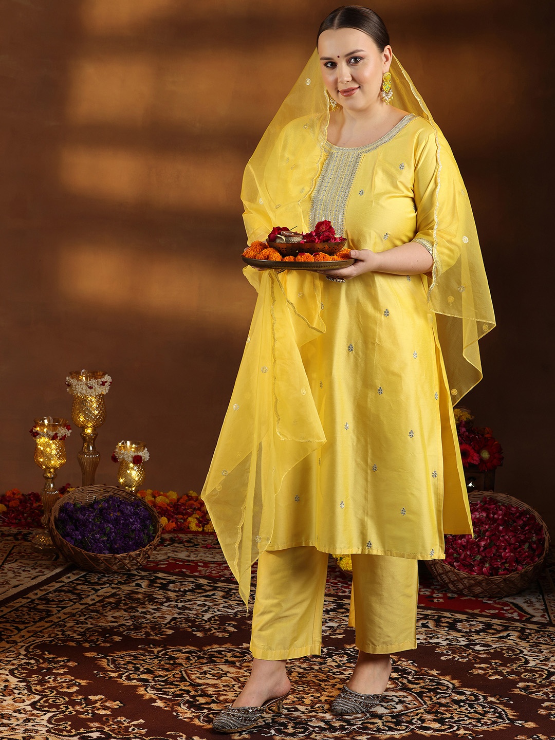 

EXTRA LOVE BY LIBAS Plus Size Floral Embroidered Sequinned Kurta With Trouser & Dupatta, Yellow