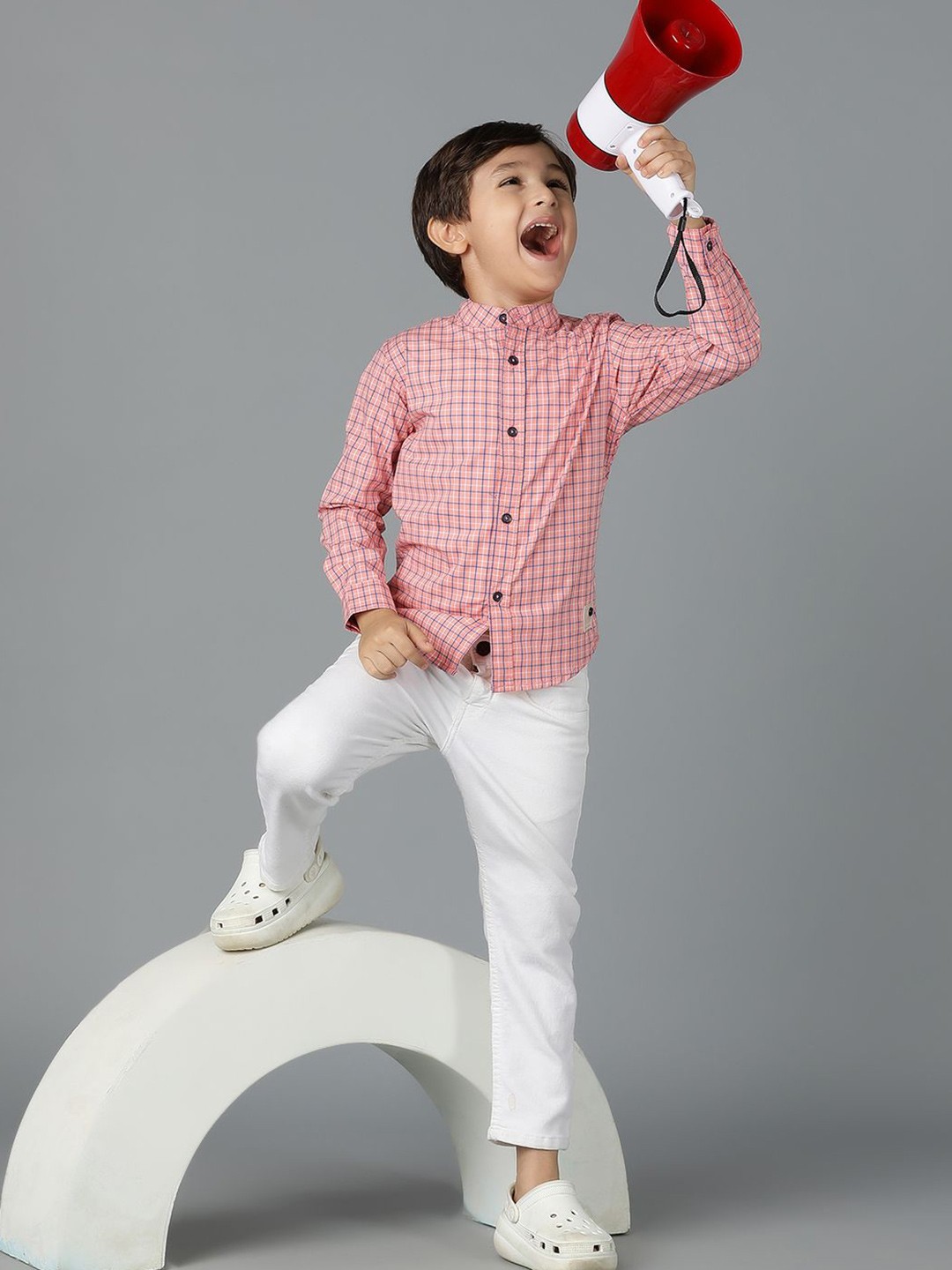 

TALES & STORIES Boys Mandarin Collar Checked Cotton Casual Shirt, Pink