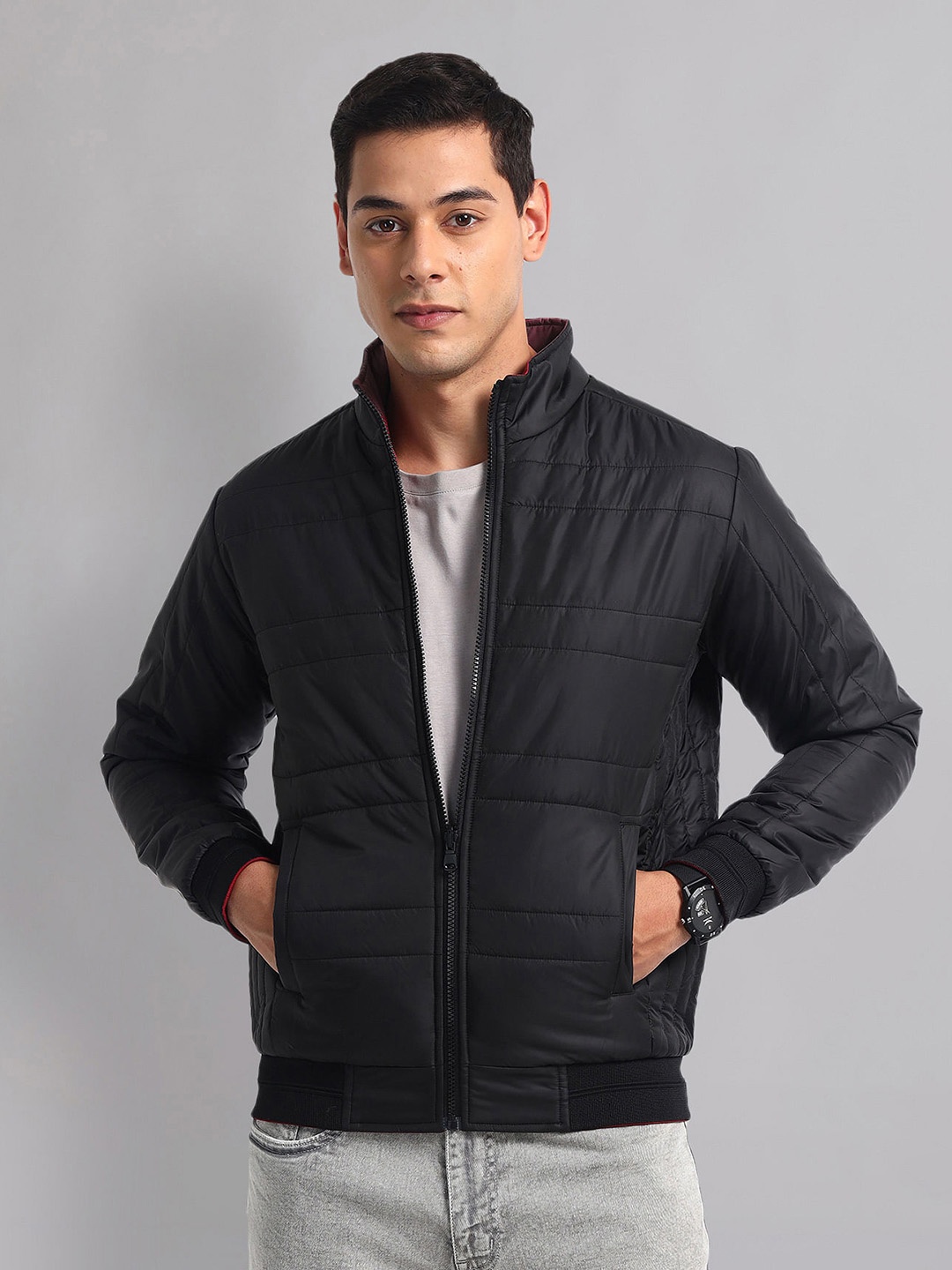 

AD By Arvind Men Solid Mock Collar Quilted Reversible Jacket, Black