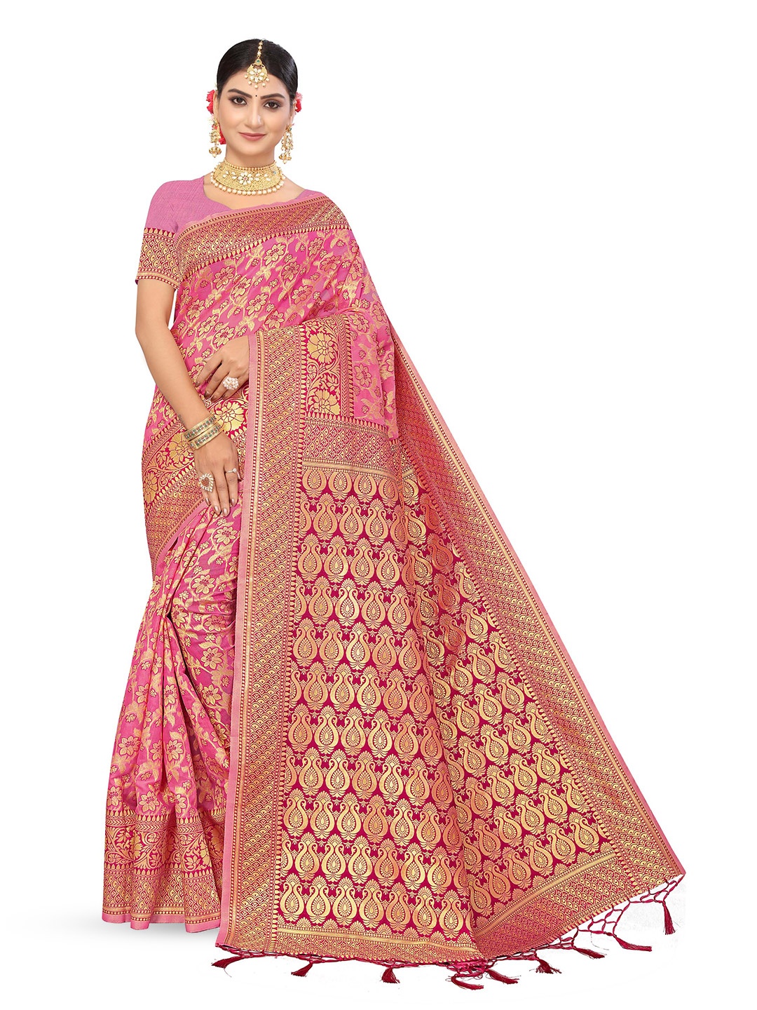

Maroosh Women Woven Design Zari Saree, Pink