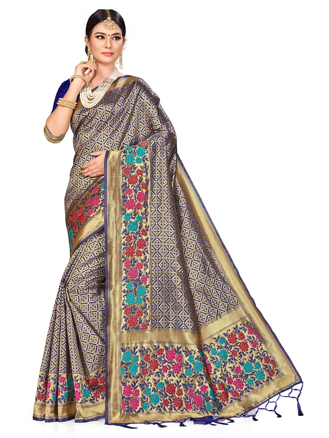 

Maroosh Woven Design Zari Silk Blend Banarasi Saree, Navy blue