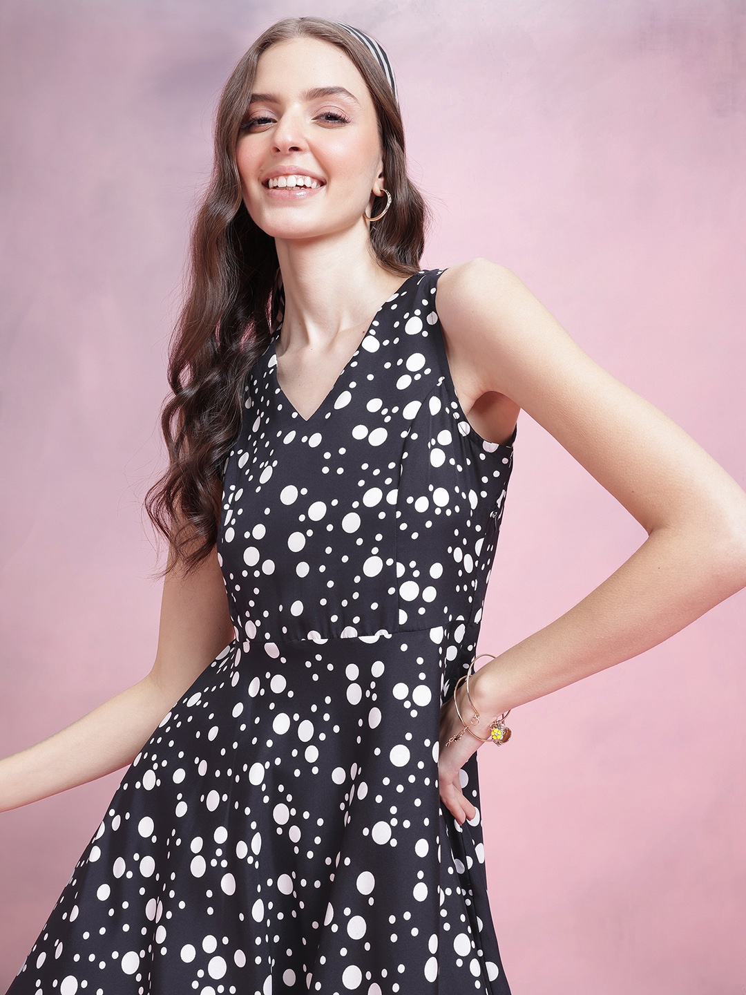 

DressBerry Polka Dot Print Fit & Flare Dress, Black