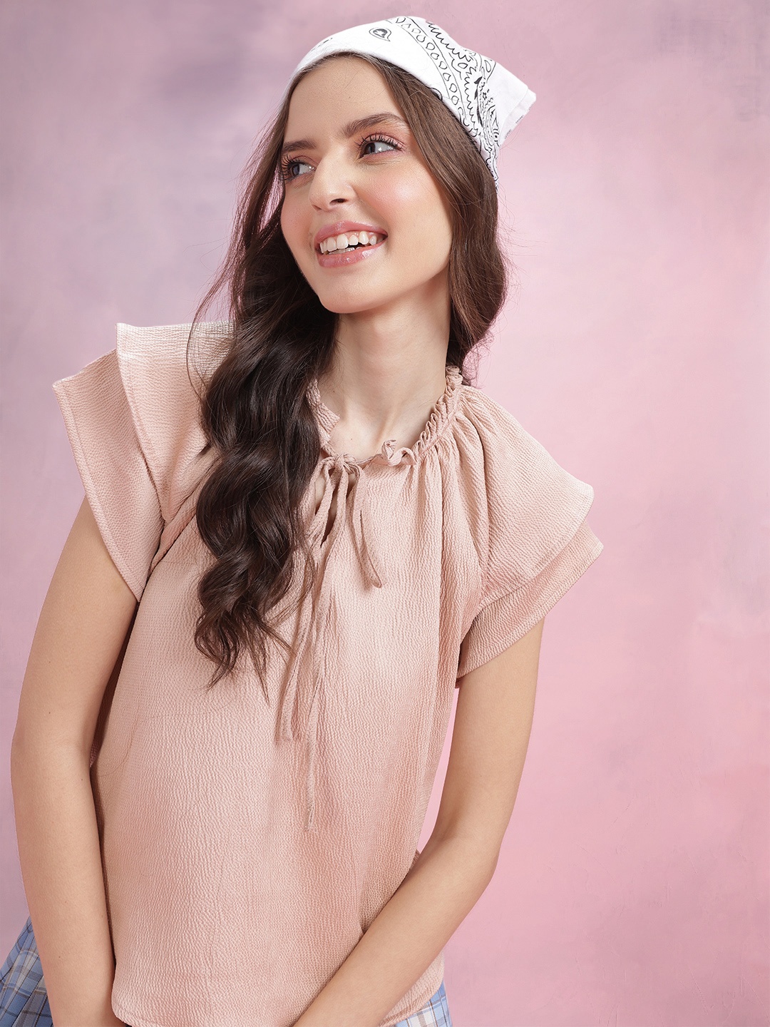 

DressBerry Tie-Up Neck Crinkle Ruffled Top, Rose