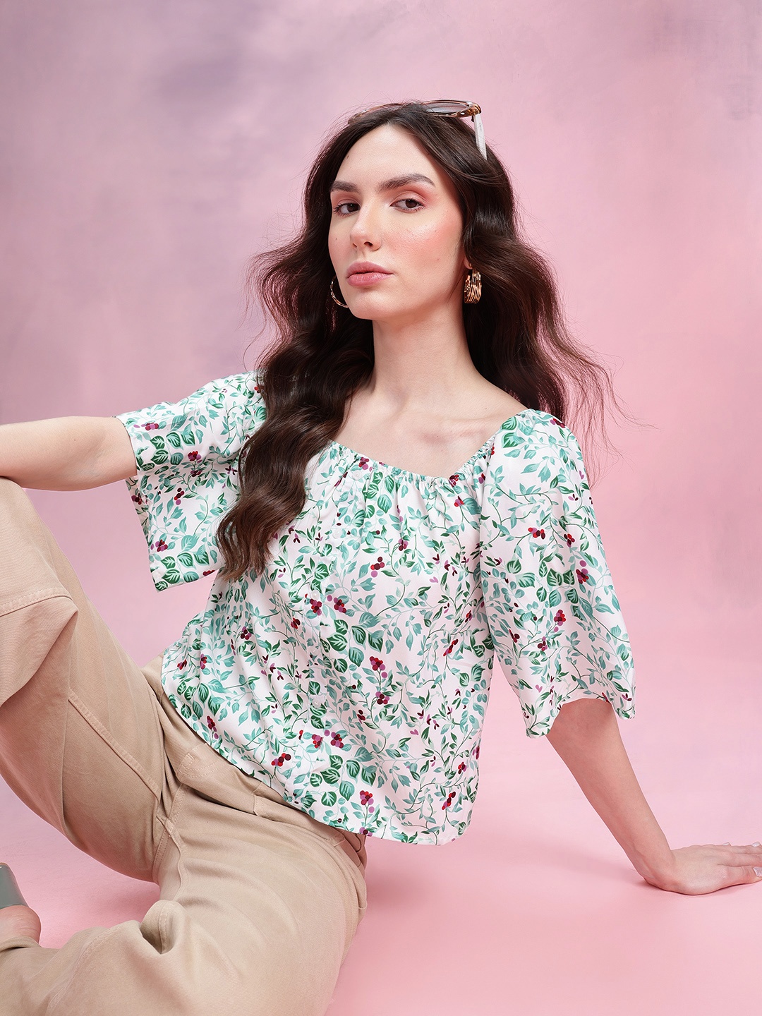 

DressBerry Floral Print Flared Sleeve Top, White