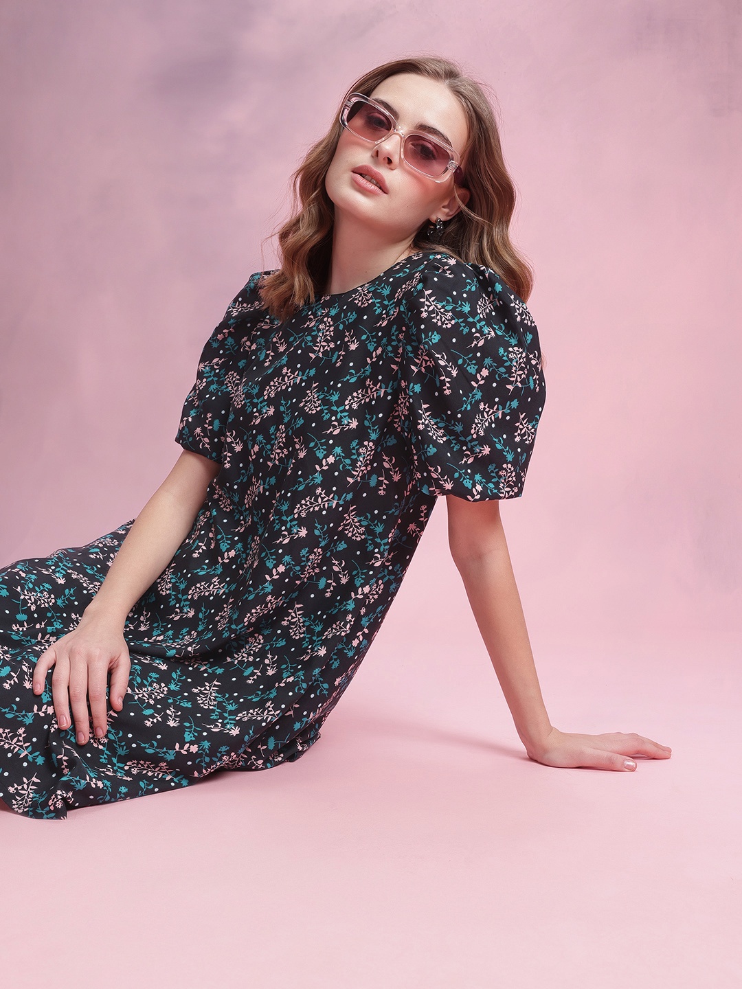 

DressBerry Floral Print Puff Sleeve A-Line Dress, Black