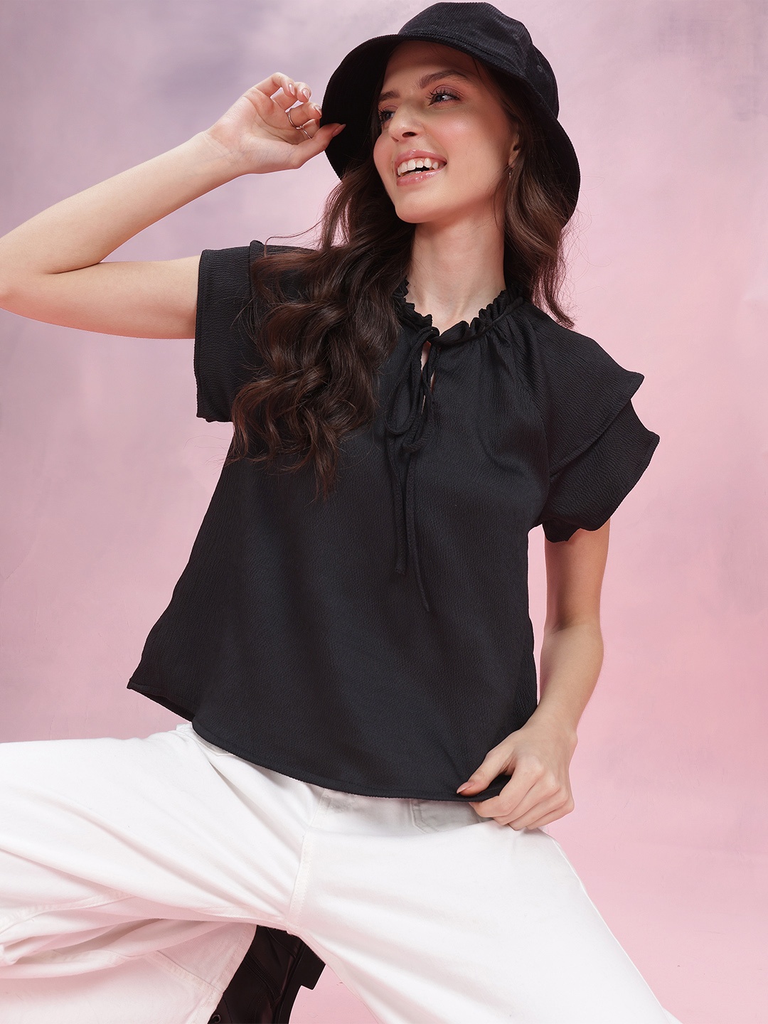 

DressBerry Tie-Up Neck Crinkle Ruffled Top, Black