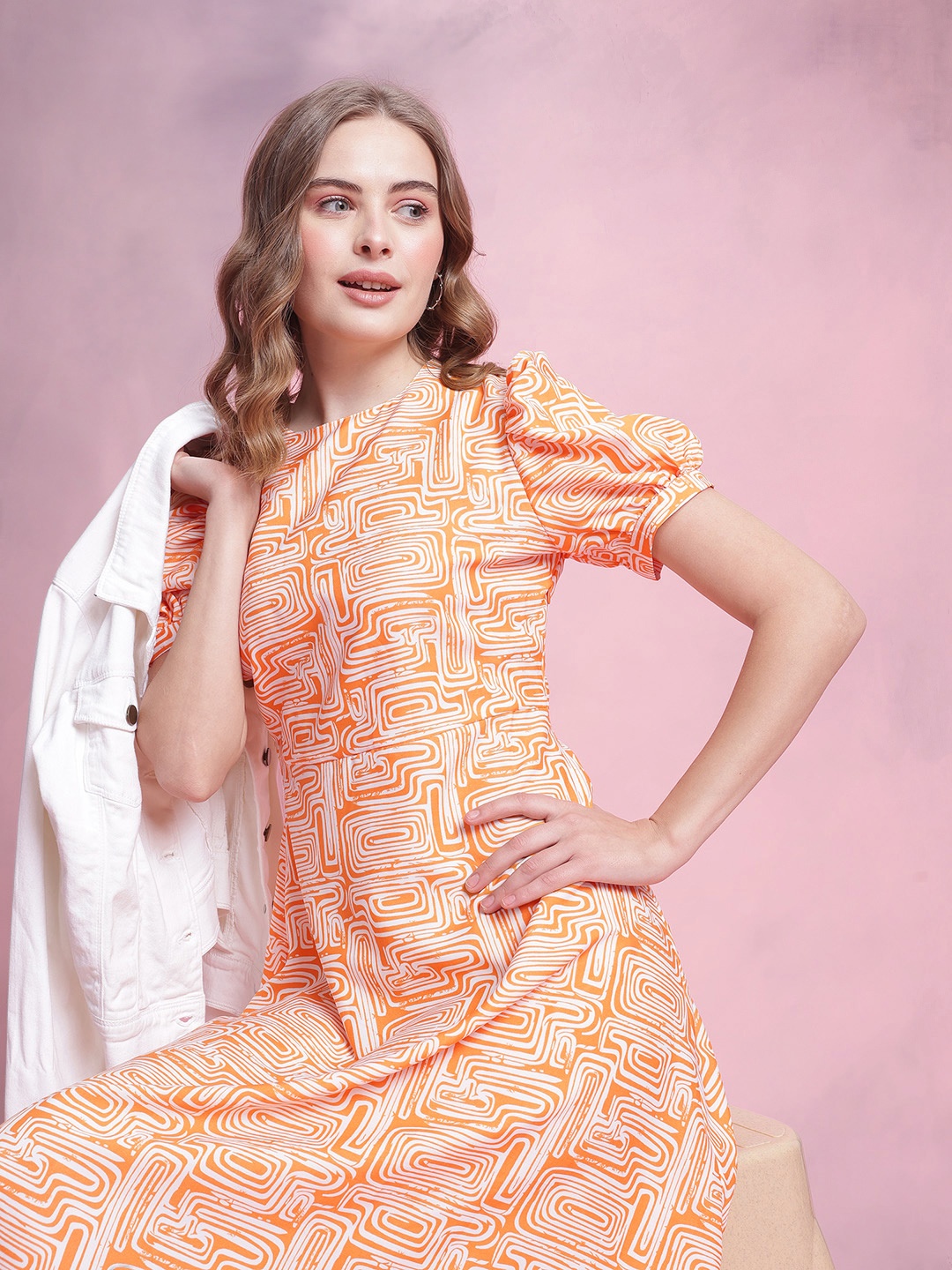 

DressBerry Printed Puff Sleeve A-Line Dress, Orange