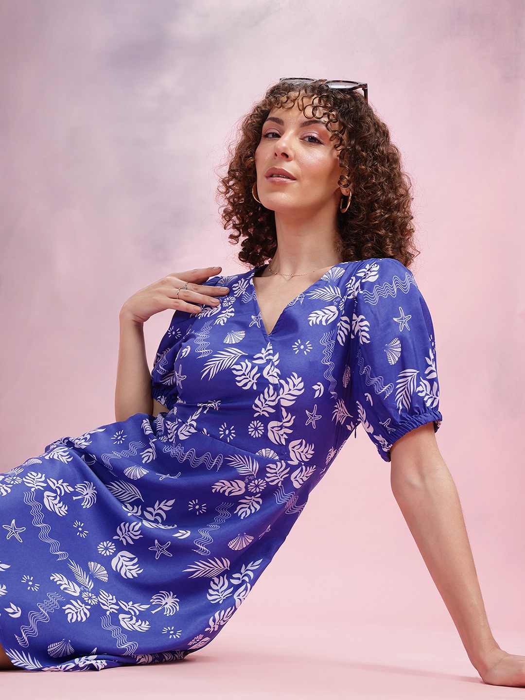 

DressBerry Printed Faux Wrap Puff Sleeve A-Line Dress, Blue