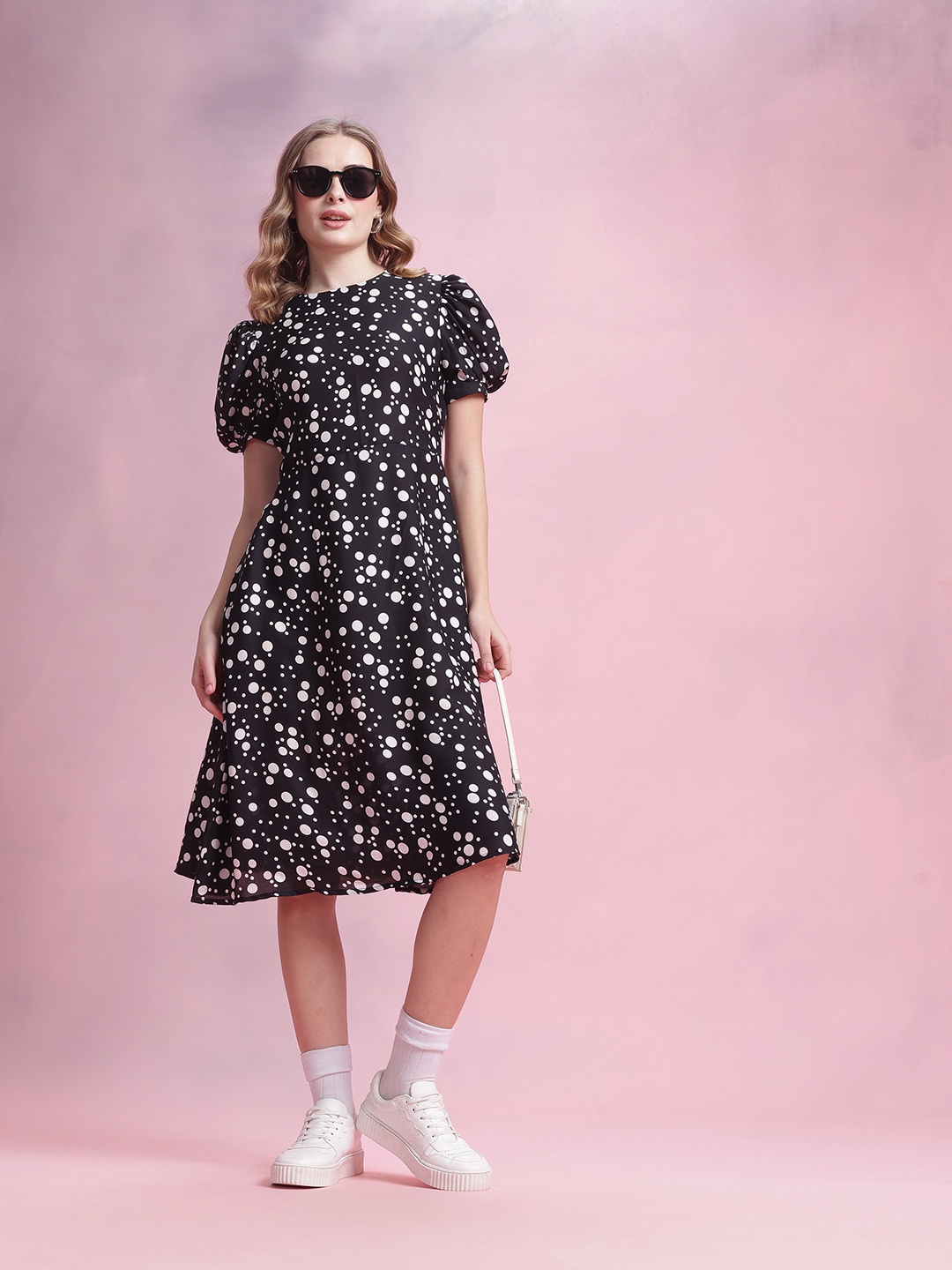 

DressBerry Printed Puff Sleeve A-Line Midi Dress, Black