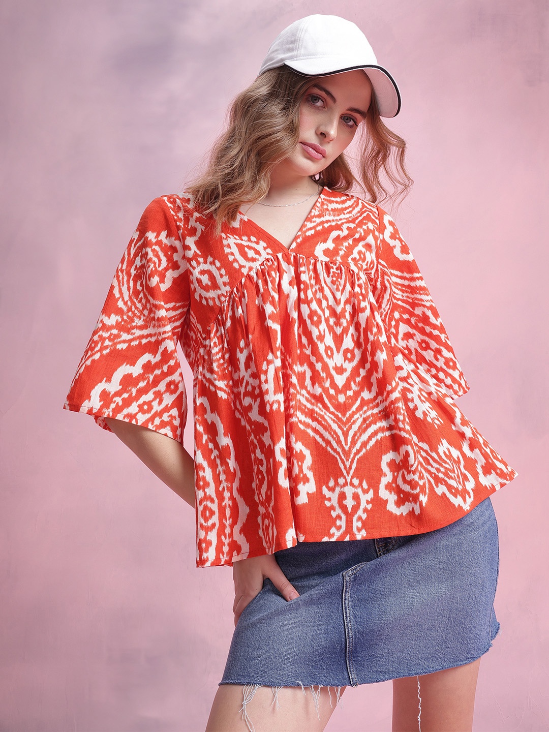 

DressBerry Floral Print Empire Pure Cotton Top, Orange