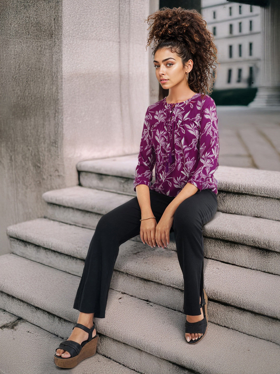 

DressBerry Tropical Print A-Line Top, Purple