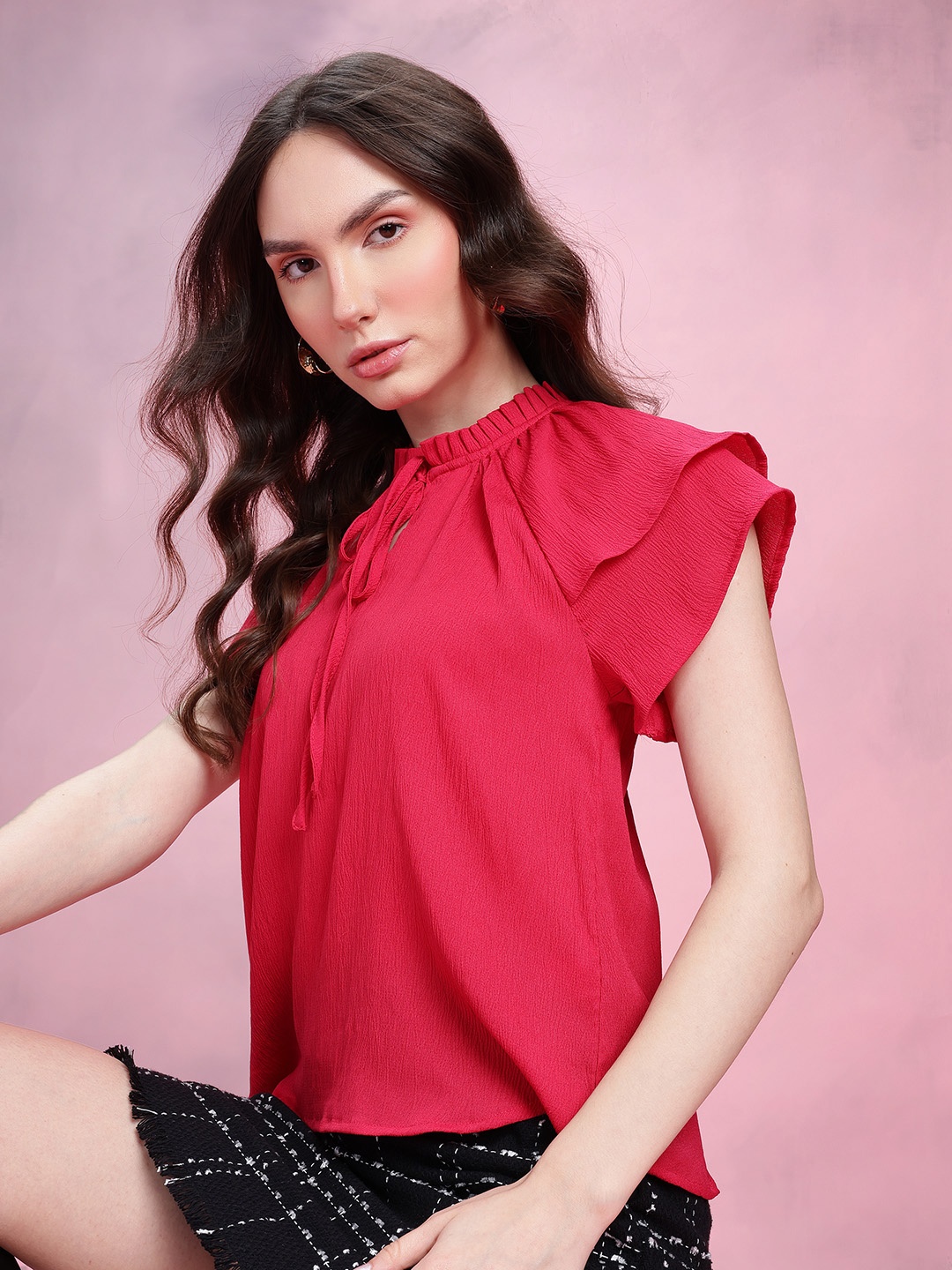 

DressBerry Crinkled Effect Tie-Up Neck Flutter Sleeves Top with Ruffled Detail, Fuchsia