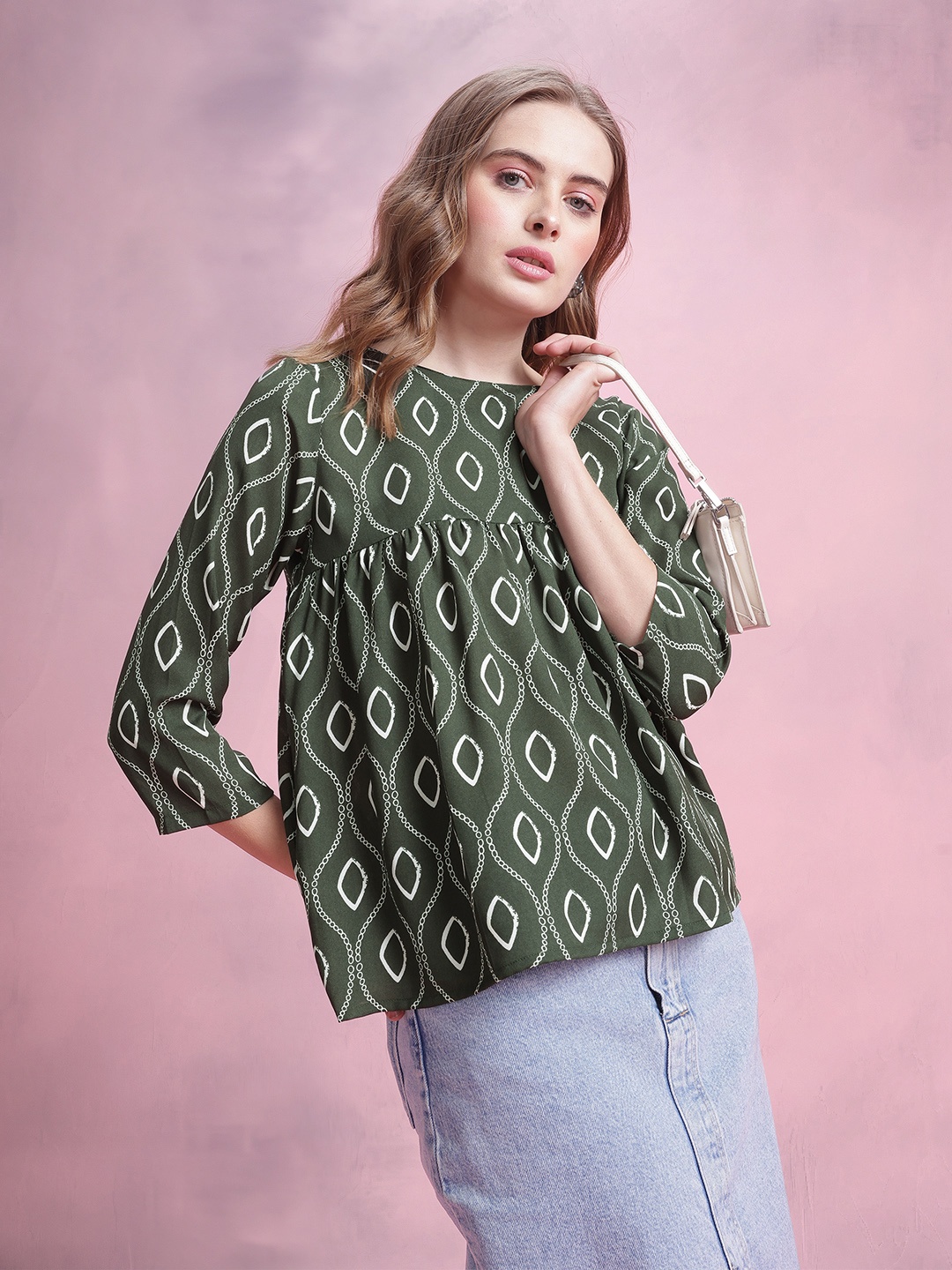 

DressBerry Geometric Print Empire Top, Green