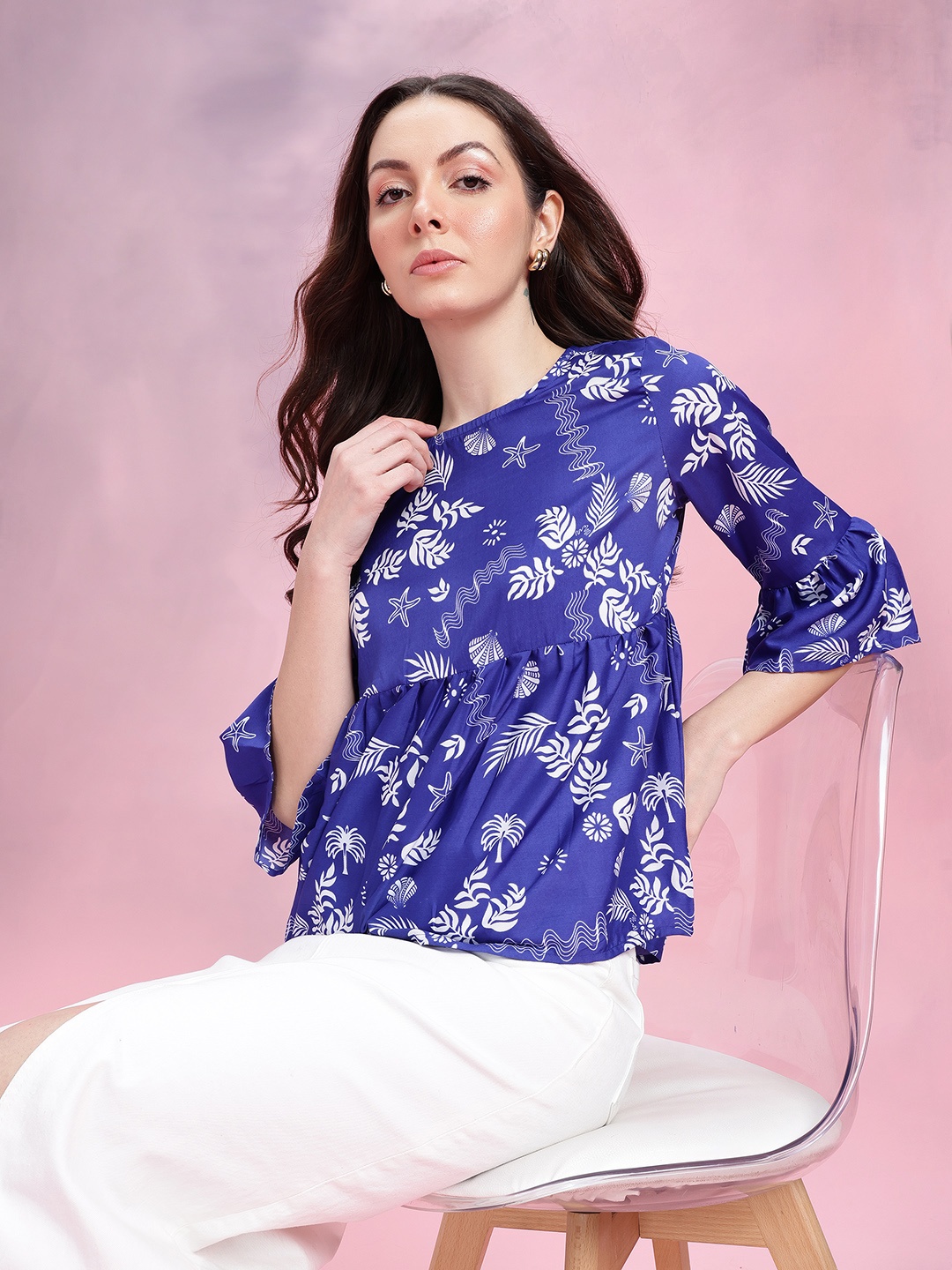 

DressBerry Tropical Print Gathered Detail Bell Sleeves Peplum Top, Navy blue