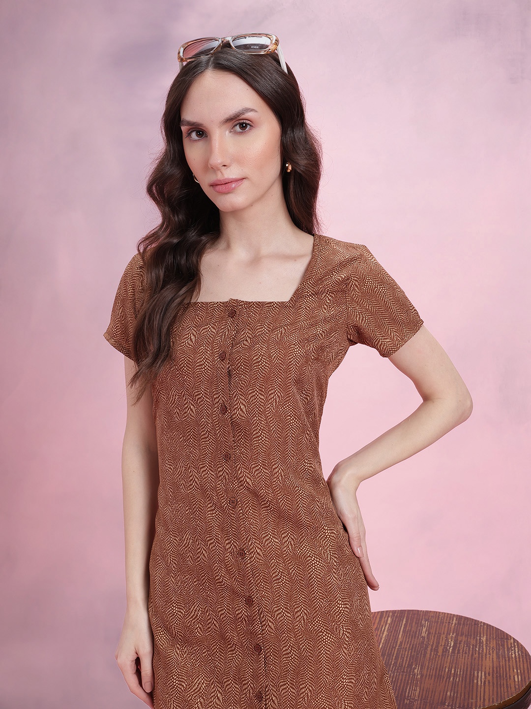 

DressBerry Printed A-Line Mini Dress, Brown