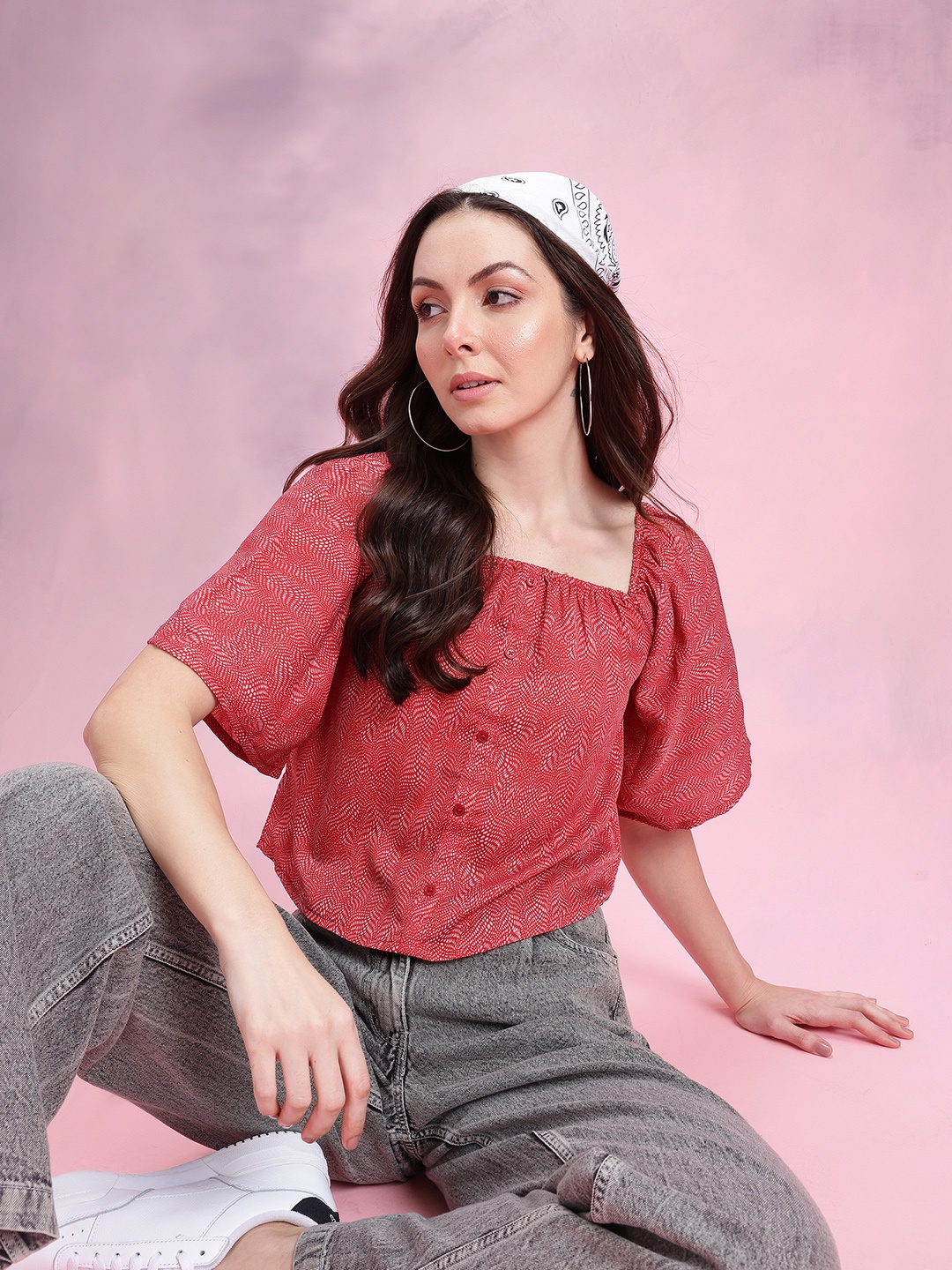 

DressBerry Abstract Print Puff Sleeves Square Neck Button-Up Top, Red