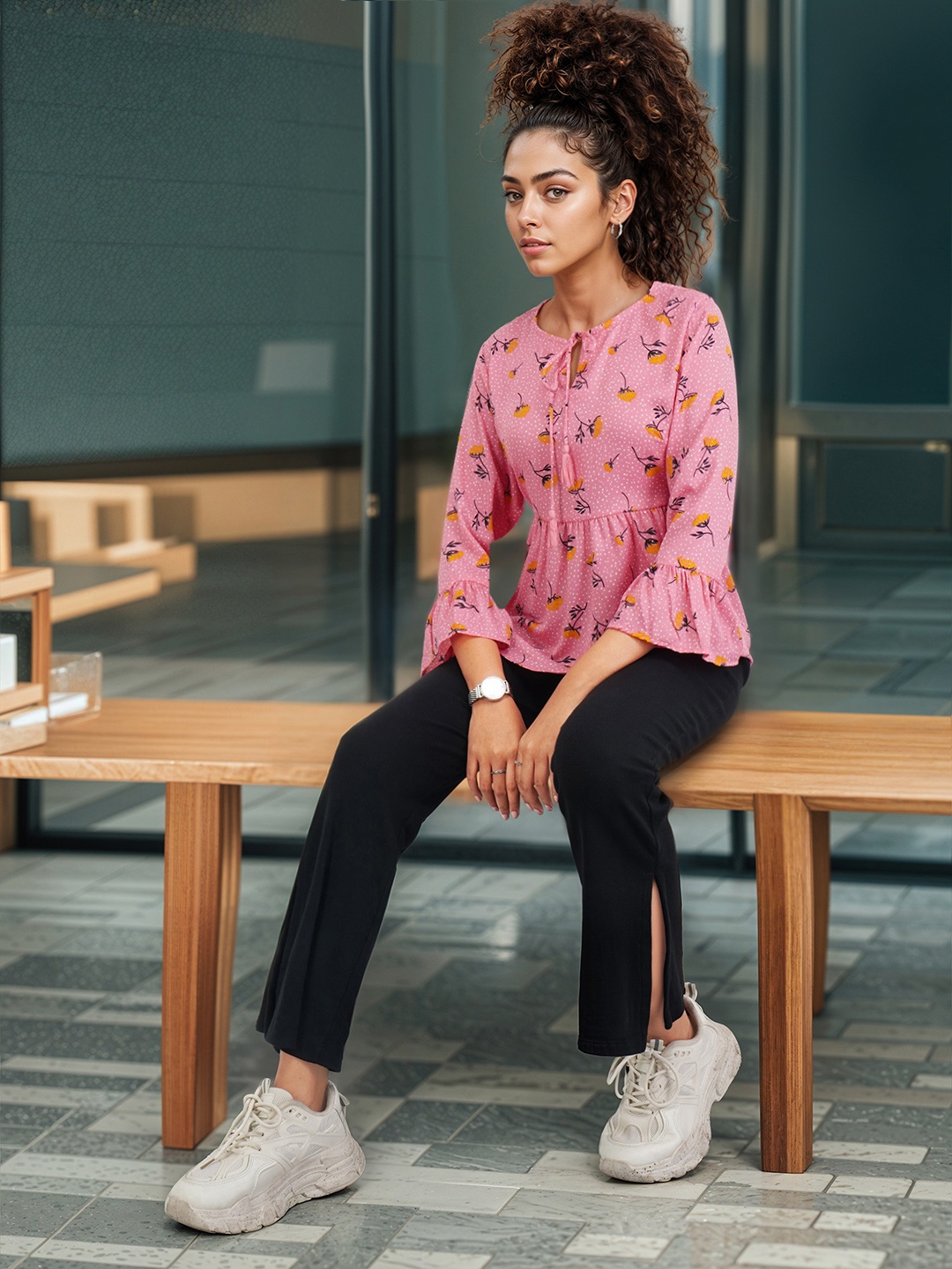 

DressBerry Floral Printed A-Line Top, Pink