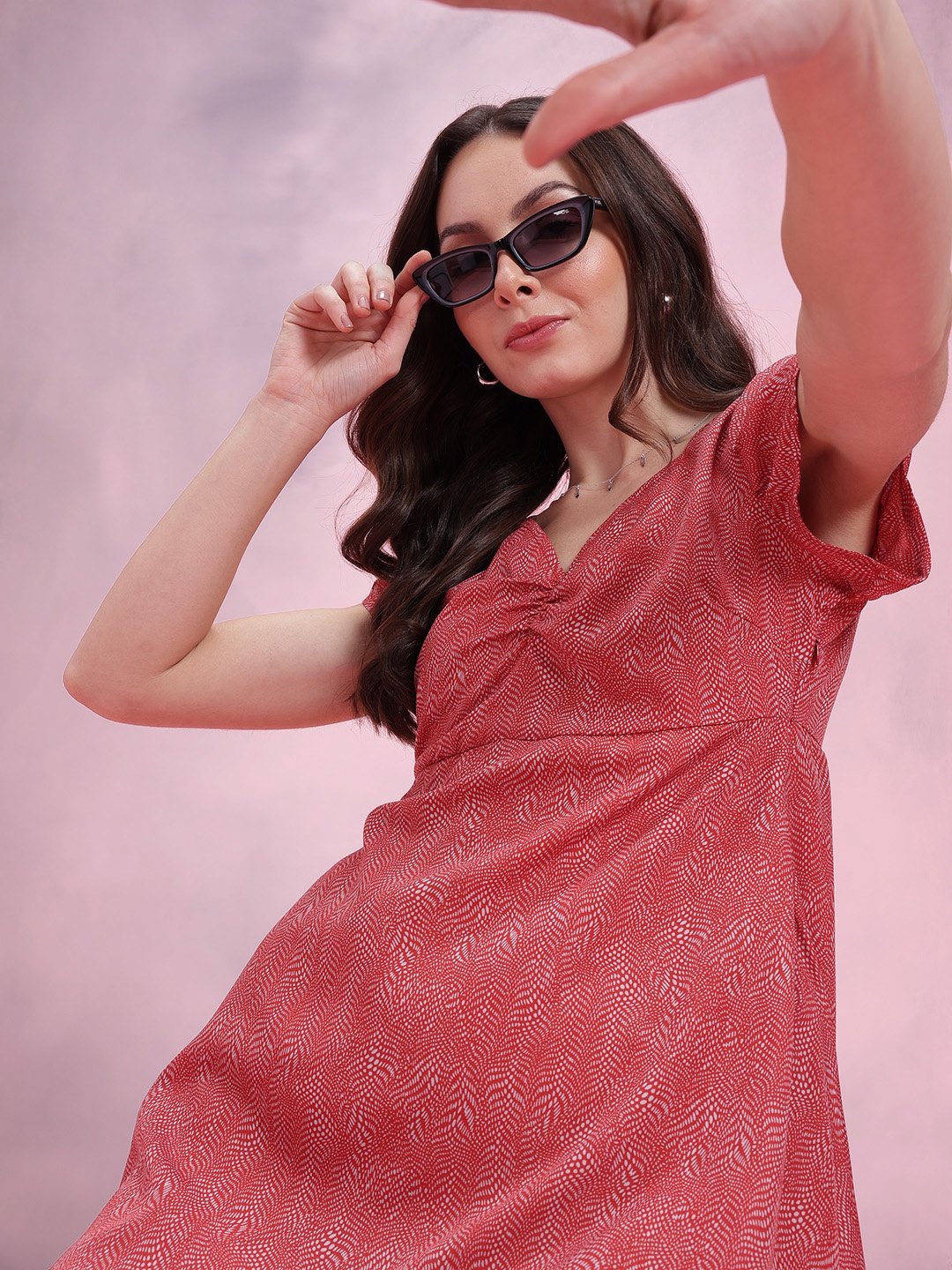 

DressBerry Print Puff Sleeve A-Line Dress, Red
