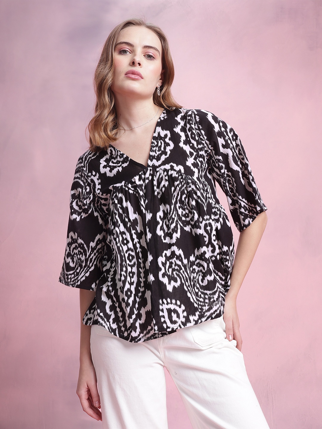 

DressBerry Floral Print Pure Cotton Empire Top, Black